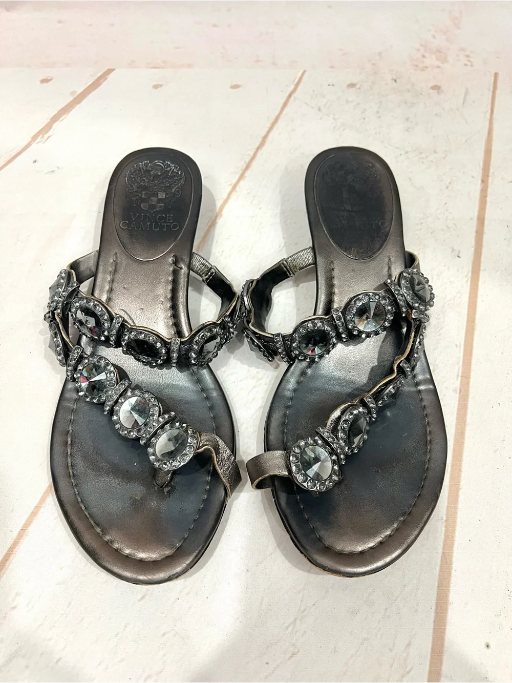 Vince Camuto Metallic Leather Imanal Rhinestone Jeweled Kitten Wedge Sandals